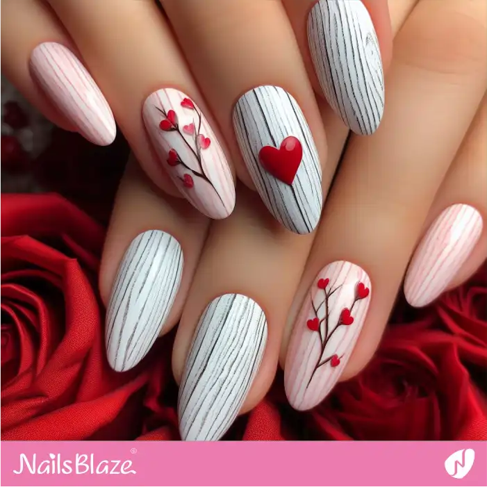 White and Pink Wood Texture Hearts Nail Design | Valentine Nails - NB2437